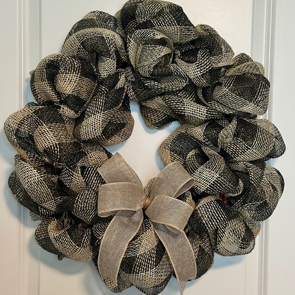 Rustic Handmade Farmhouse Wreath Black & Tan Buffalo Check Burlap Bow Door Decor